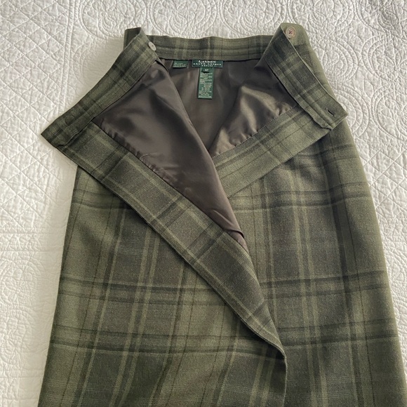 Ralph Lauren Vintage Plaid Tartan Tweed Wrap Fringed Maxi Skirt Green 4 - Picture 6 of 13